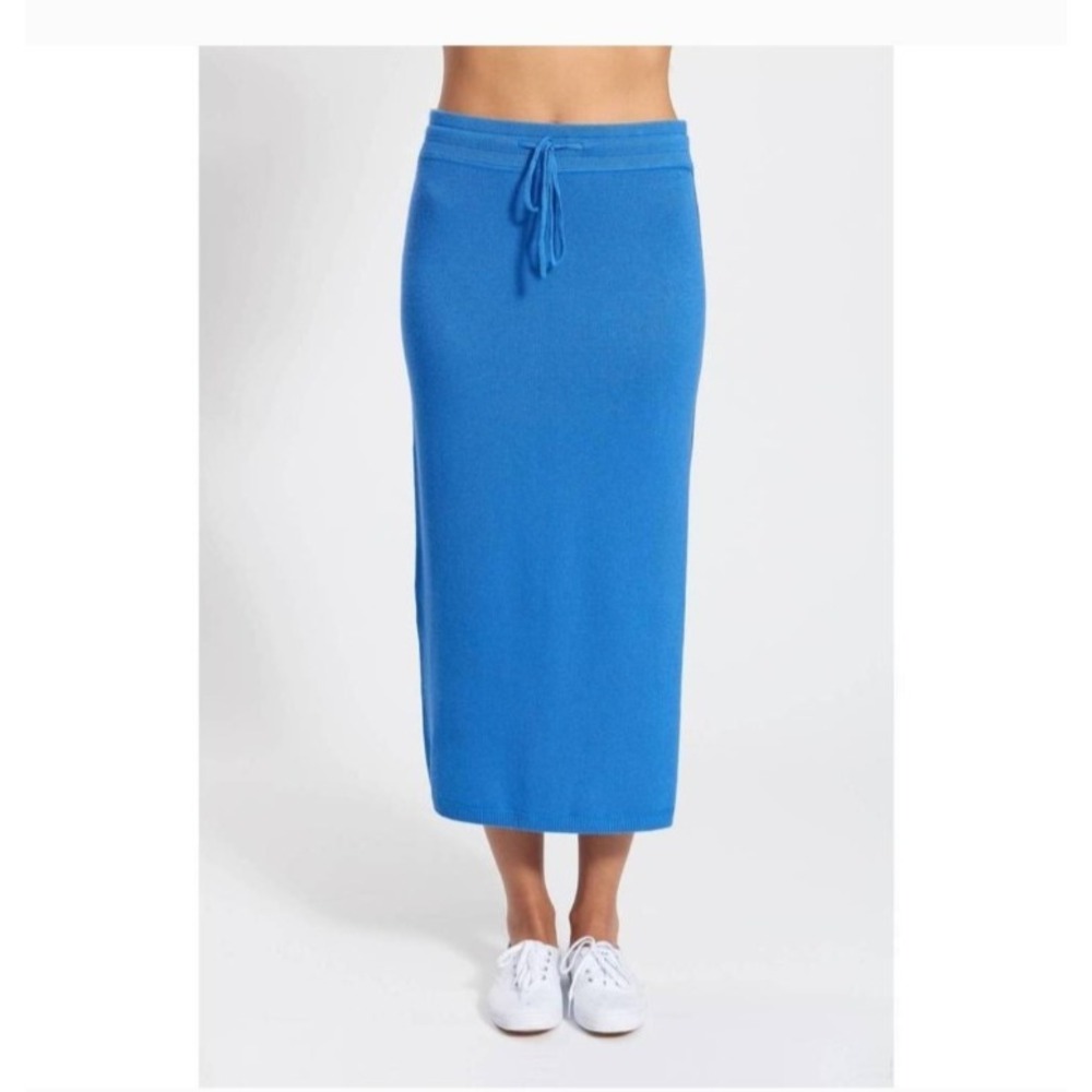 Leimere Women's Delray Skirt Blue Cashmere Blend Maxi Track Stripe Drawstring L